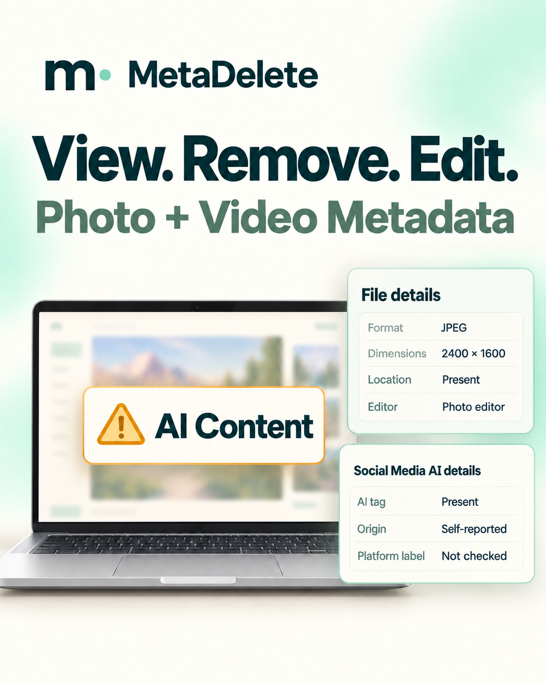 MetaDelete artwork in cream and mint, with its m-dot logo, a laptop, an AI Content warning, and file information panels.